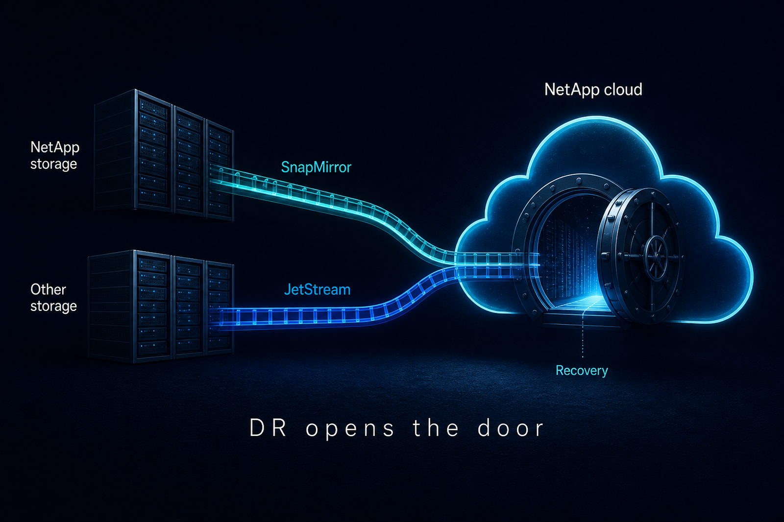 SnapMirror and JetStream rails converging into a NetApp cloud vault. DR opens the door.