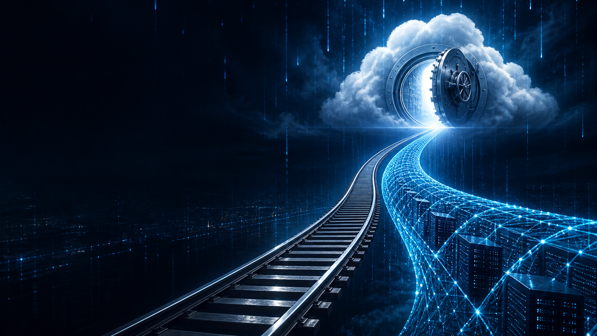 Editorial dual-rail metaphor - a mirror rail and a wider safety net converging into a cloud vault destination