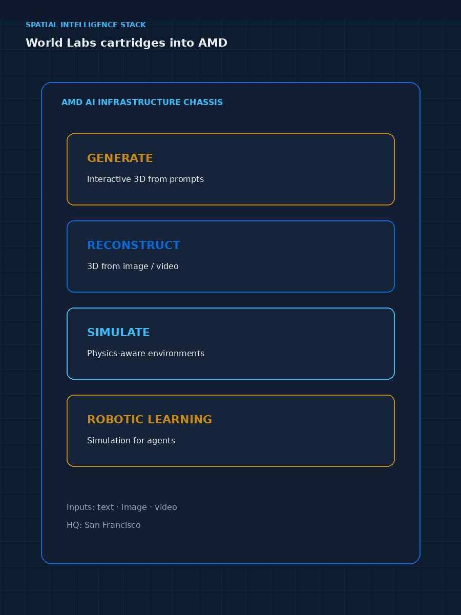 AMD AI infrastructure chassis with gold World Labs cartridges for generate, reconstruct, simulate and robotic learning spatial-intelligence capabilities