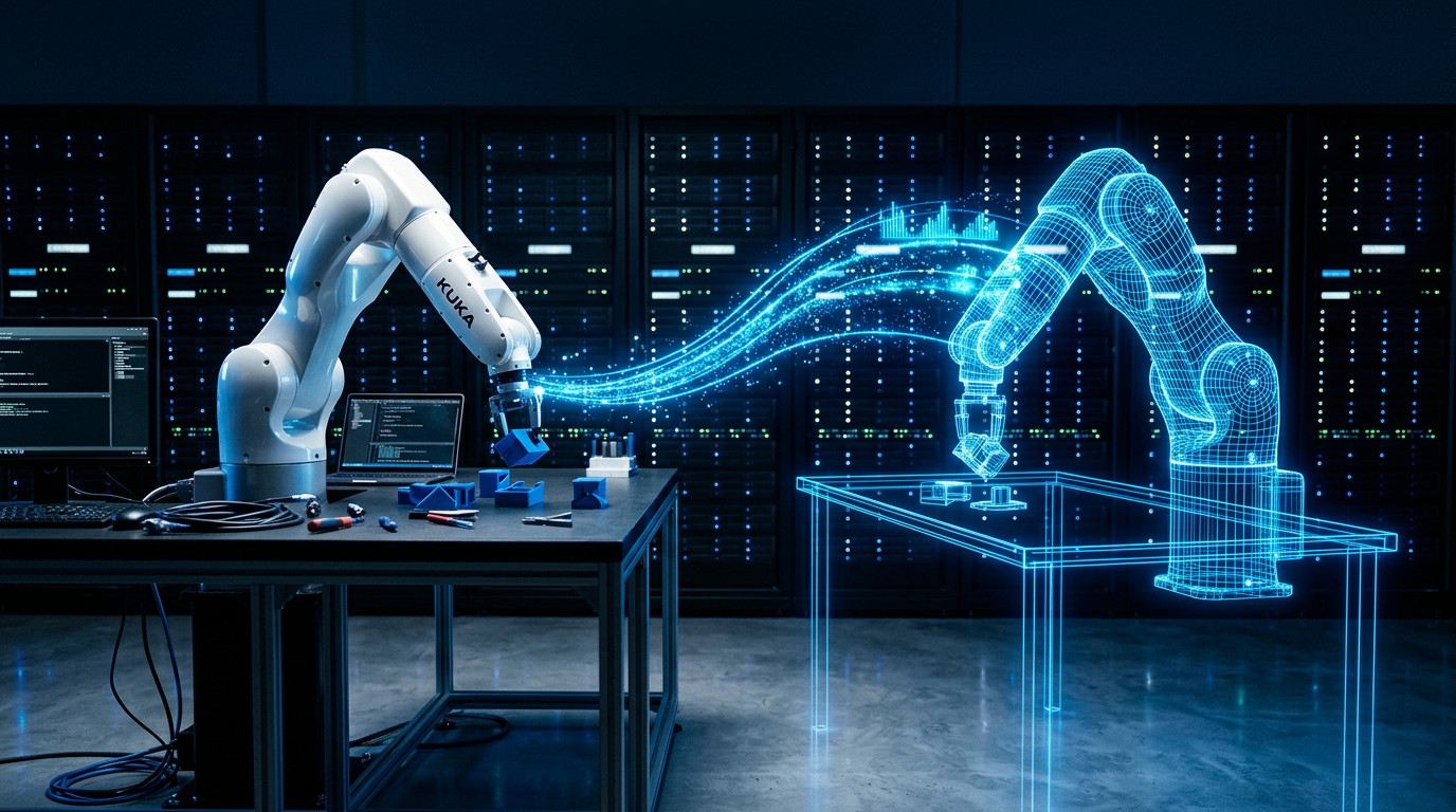 A robot arm working in a real workspace alongside its simulated digital twin.