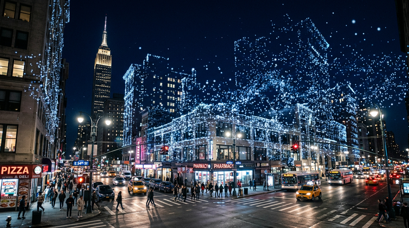A city street corner whose background dissolves into glowing Gaussian-splat particles.