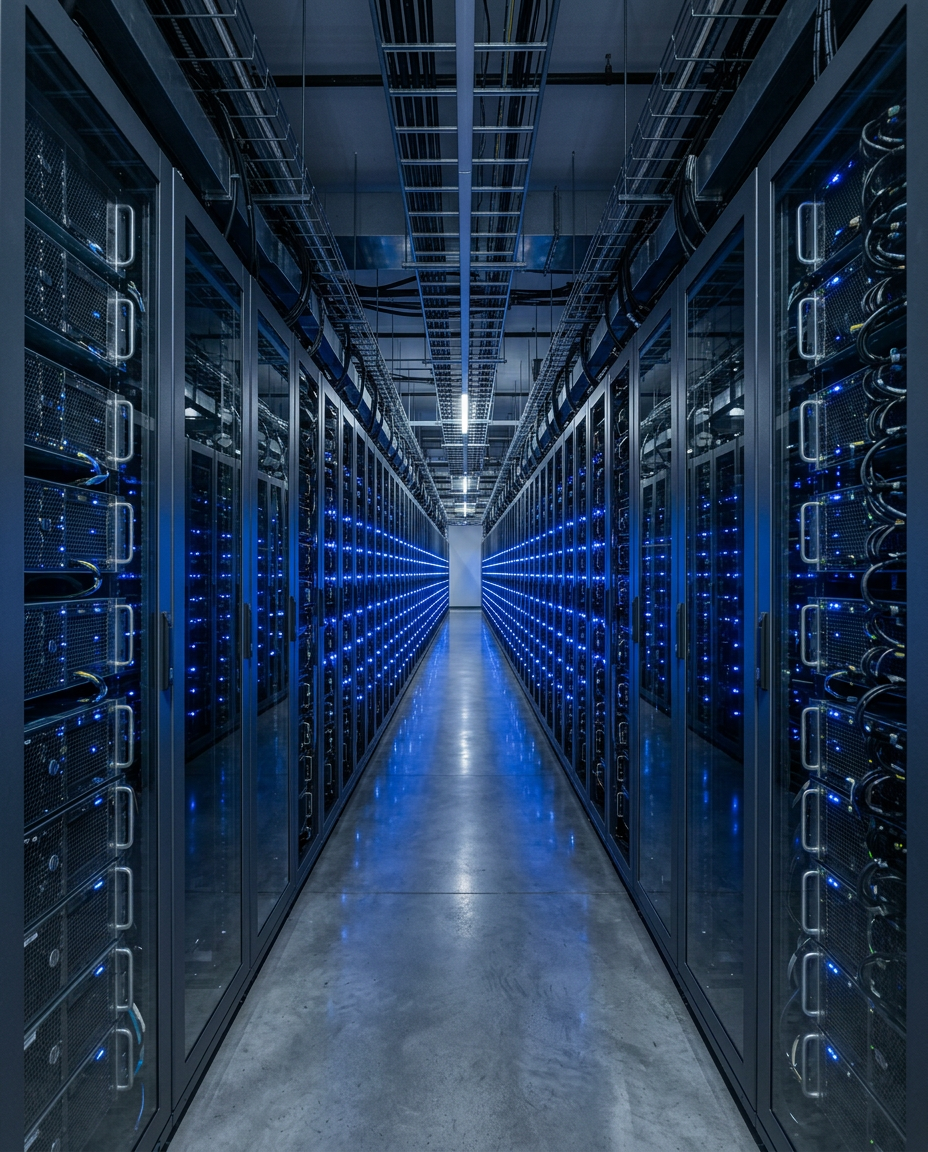 A long data centre aisle of GPU server racks with blue status lights receding into the distance.