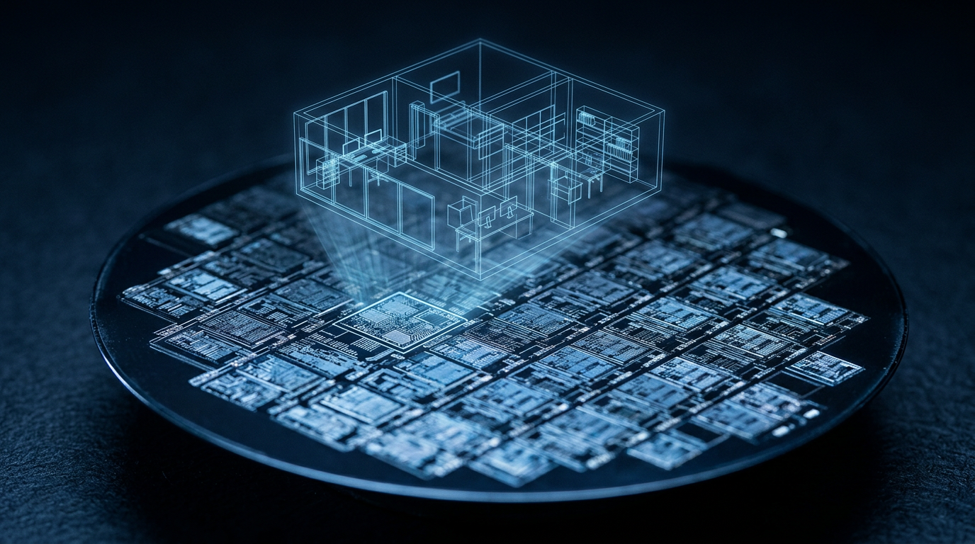 Macro photograph of a silicon wafer with a translucent blue wireframe of a 3D room rising from one processor die.