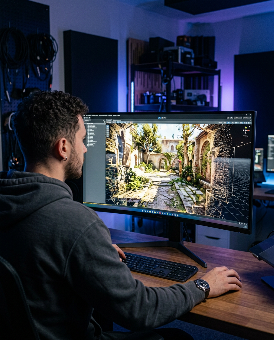 A developer at a large monitor editing a generated 3D courtyard scene whose edges dissolve into a point cloud.