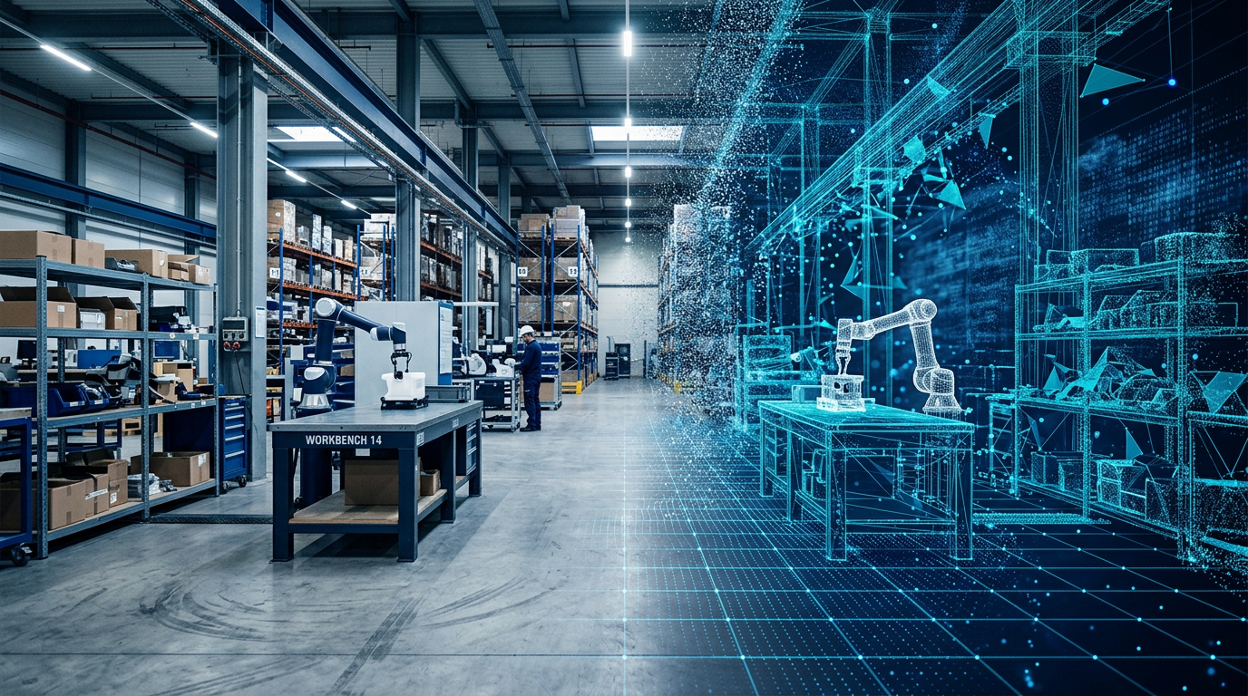 Illustration of a warehouse interior where the left half is photographic and the right half dissolves into blue points and wireframe mesh, with a small robot arm on a workbench.