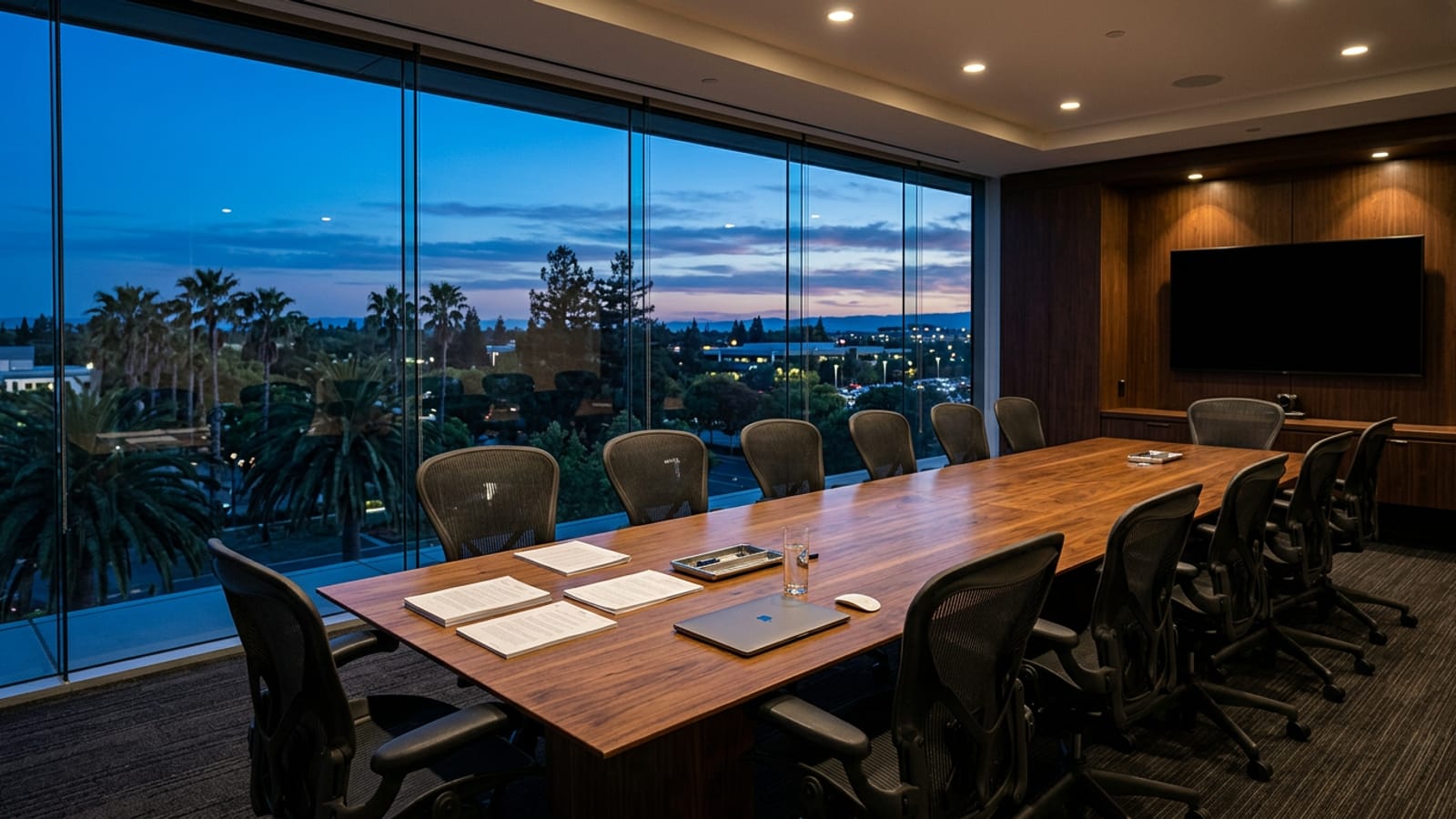 An empty Silicon Valley conference room at dusk with a long walnut table and a glass wall overlooking palm trees