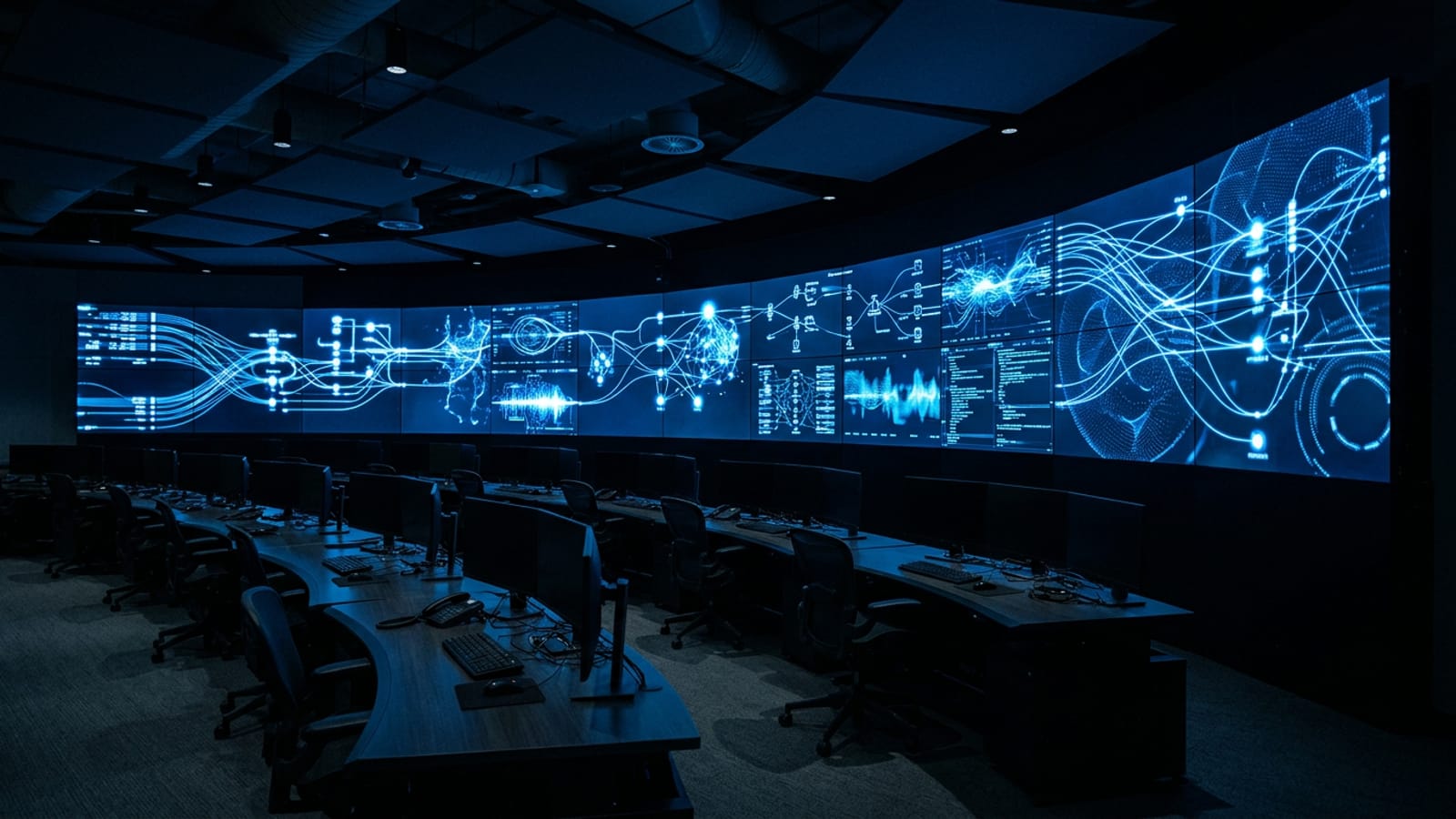 A dim operations centre with a curved wall of screens showing abstract flowing blue data lines above empty desks