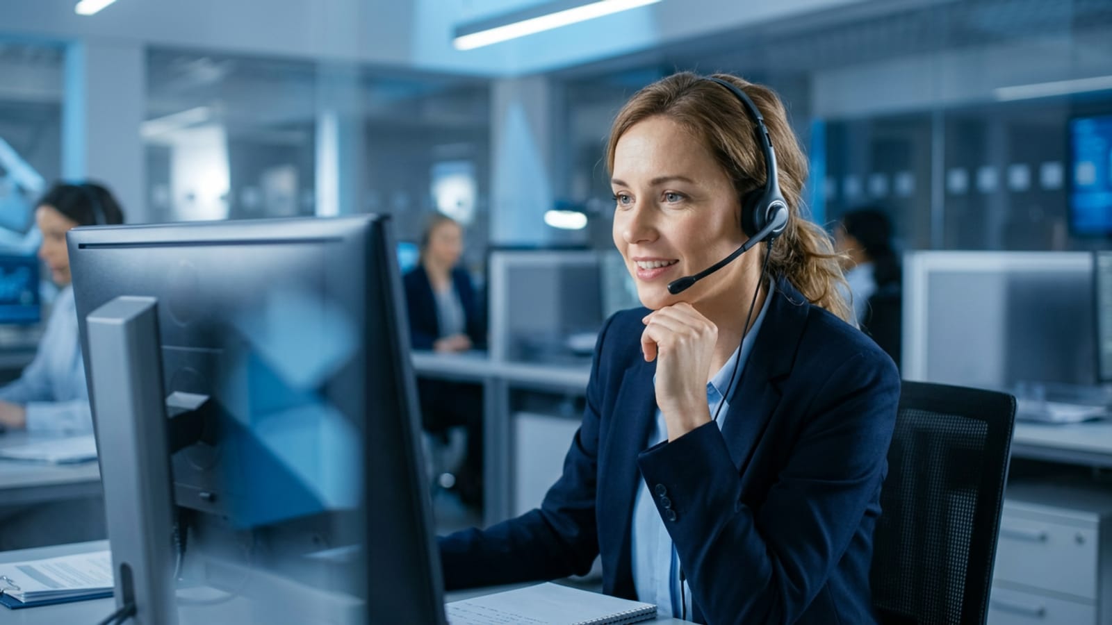 A customer service agent wearing a headset in a modern bank contact centre, listening with a slight smile