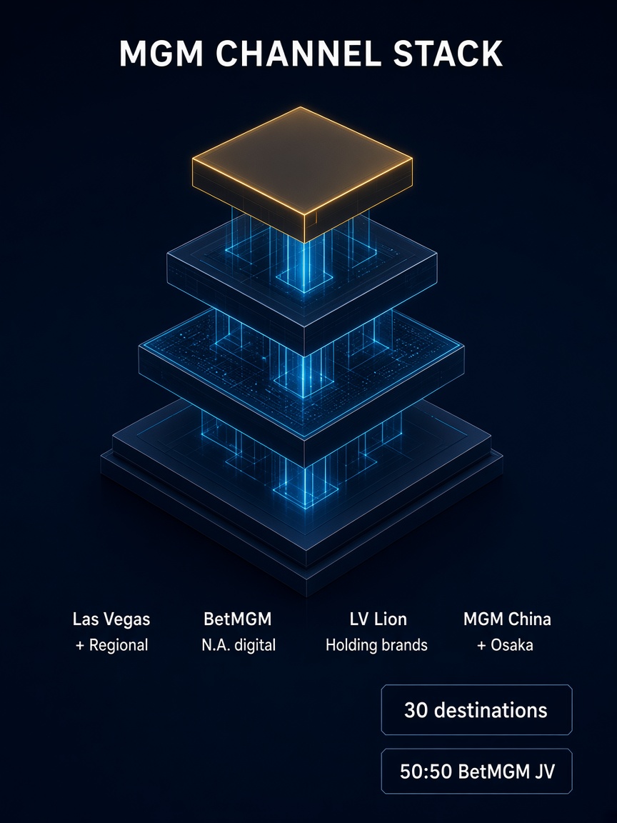 Vertical isometric channel stack from land-based Las Vegas and regional estates through BetMGM North American digital and LV Lion Holding brands to MGM China and Osaka international growth