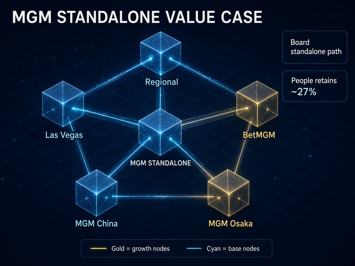 Navy isometric five-node lattice linking Las Vegas, regional properties, BetMGM, MGM China and MGM Osaka as the standalone operating pillars after the take-private withdrawal