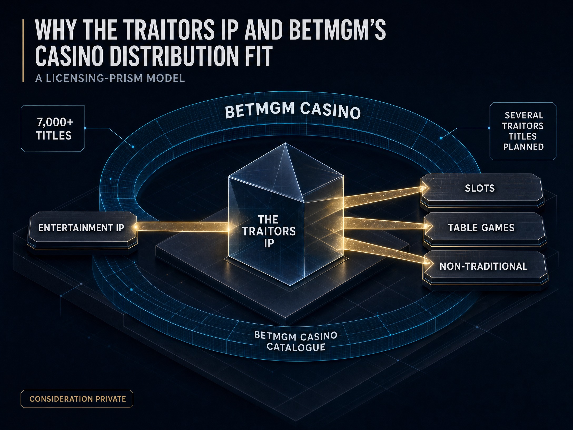 Isometric licensing prism turning The Traitors entertainment IP into three disclosed online casino content categories inside BetMGM's catalogue