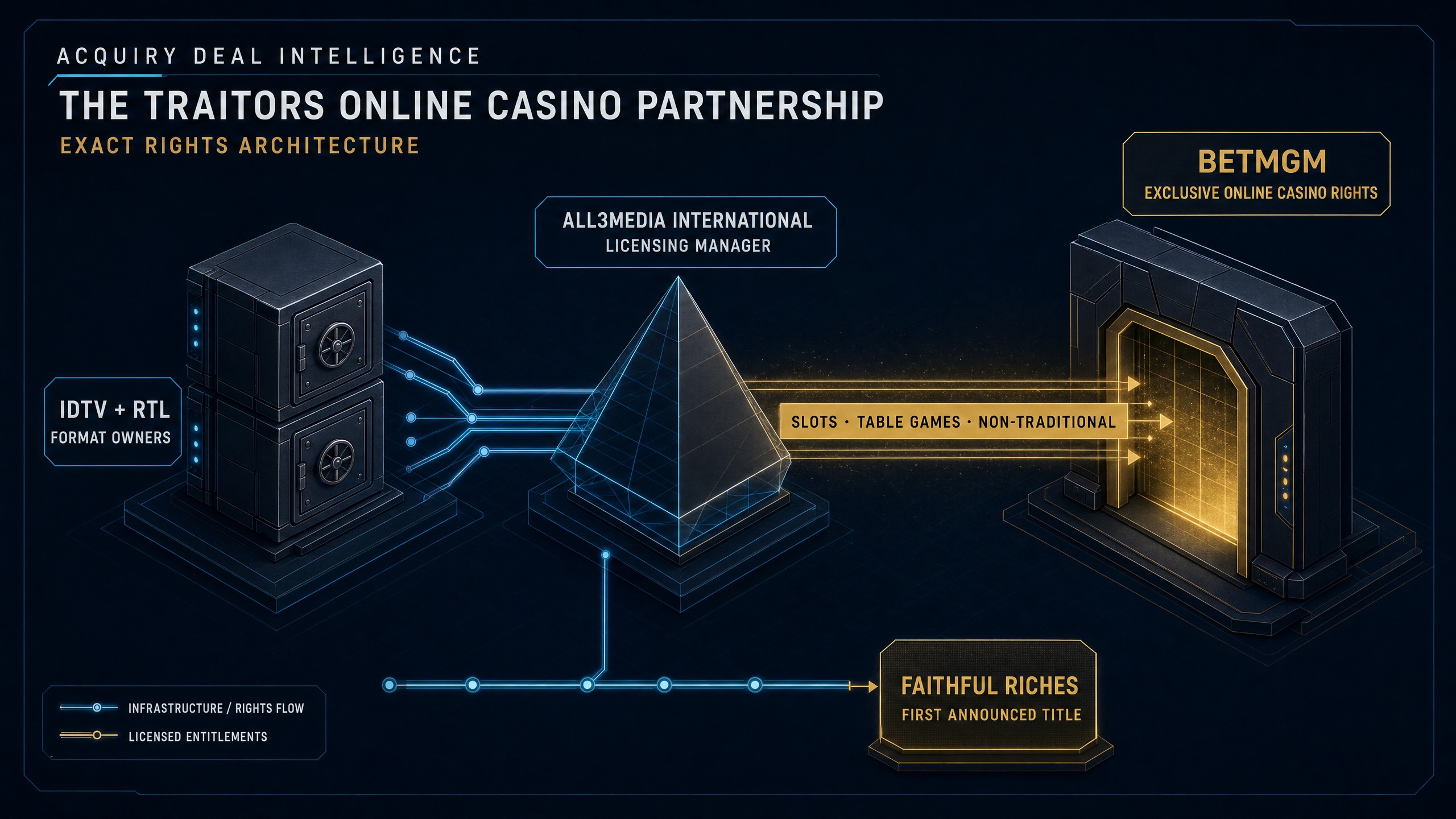 Isometric rights architecture showing IDTV and RTL format ownership, All3Media International licensing management, BetMGM exclusive online casino rights and Faithful Riches as the first announced title