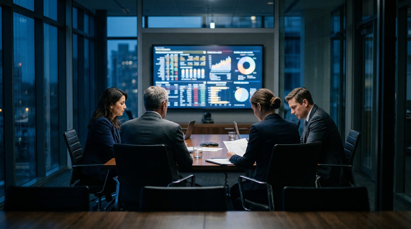 An investment committee meets around a table at night, a large screen of portfolio dashboards on the wall behind them