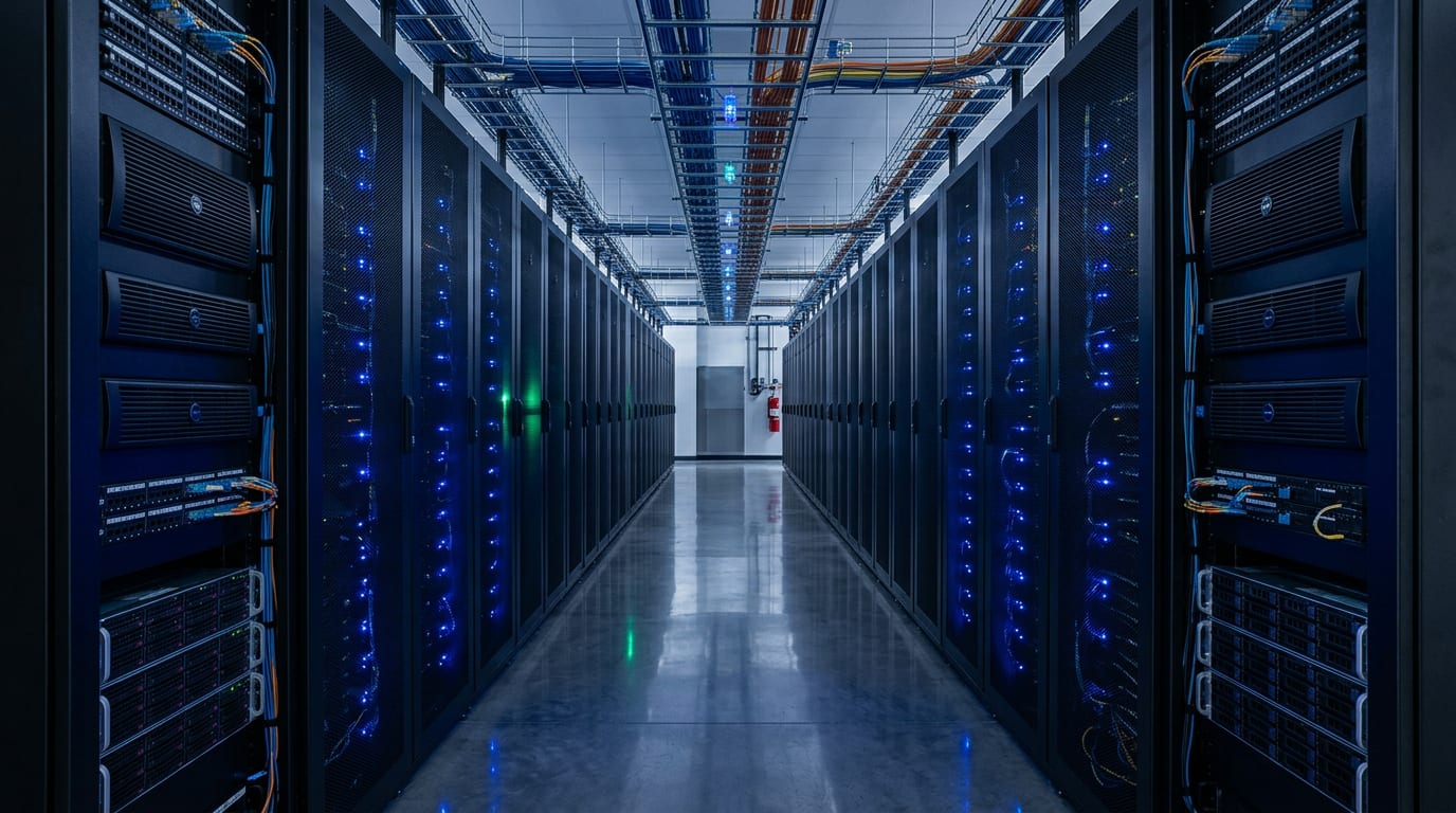 A long data centre aisle lined with server racks glowing with blue status lights