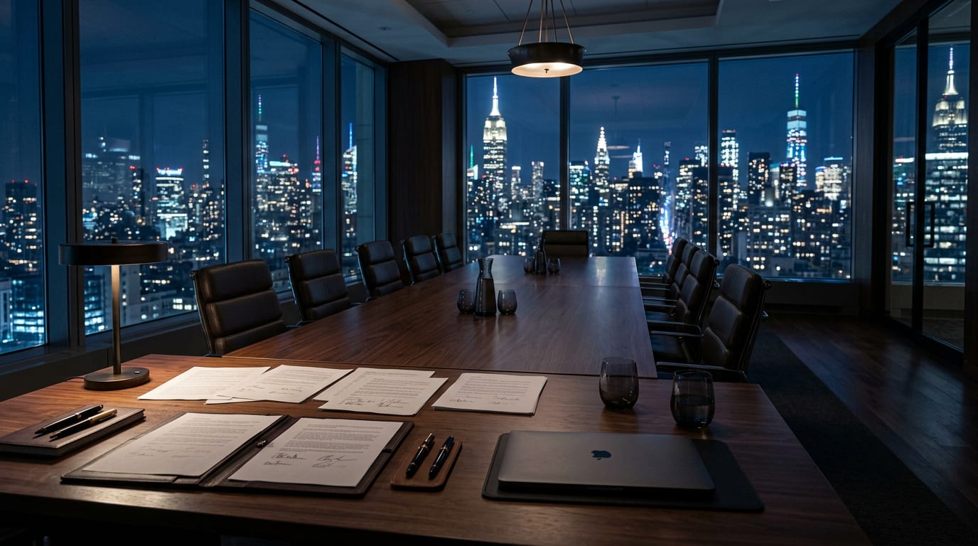 A Manhattan boardroom at night with signed documents and pens laid out on a long table, the city skyline lit beyond the windows