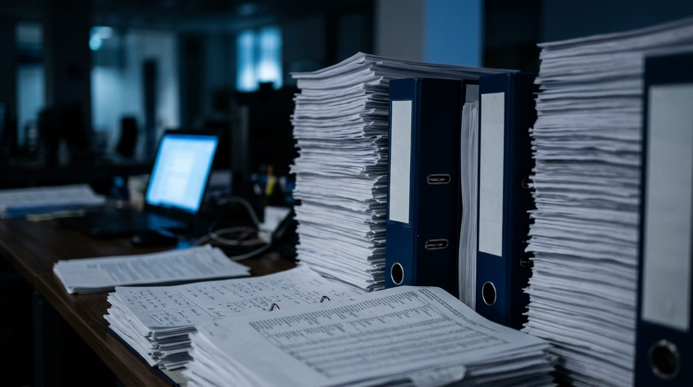 Tall stacks of paper fund documents and dark blue binders on a desk in a dim investment operations office at night