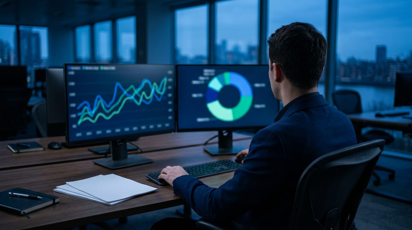 An investment analyst at a pension fund reviews portfolio charts on two monitors at dusk, blank reports beside the keyboard