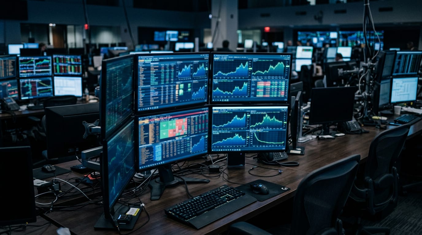 Rows of multi-monitor trading and analytics desks in a large dimly lit investment office, screens showing blue performance charts