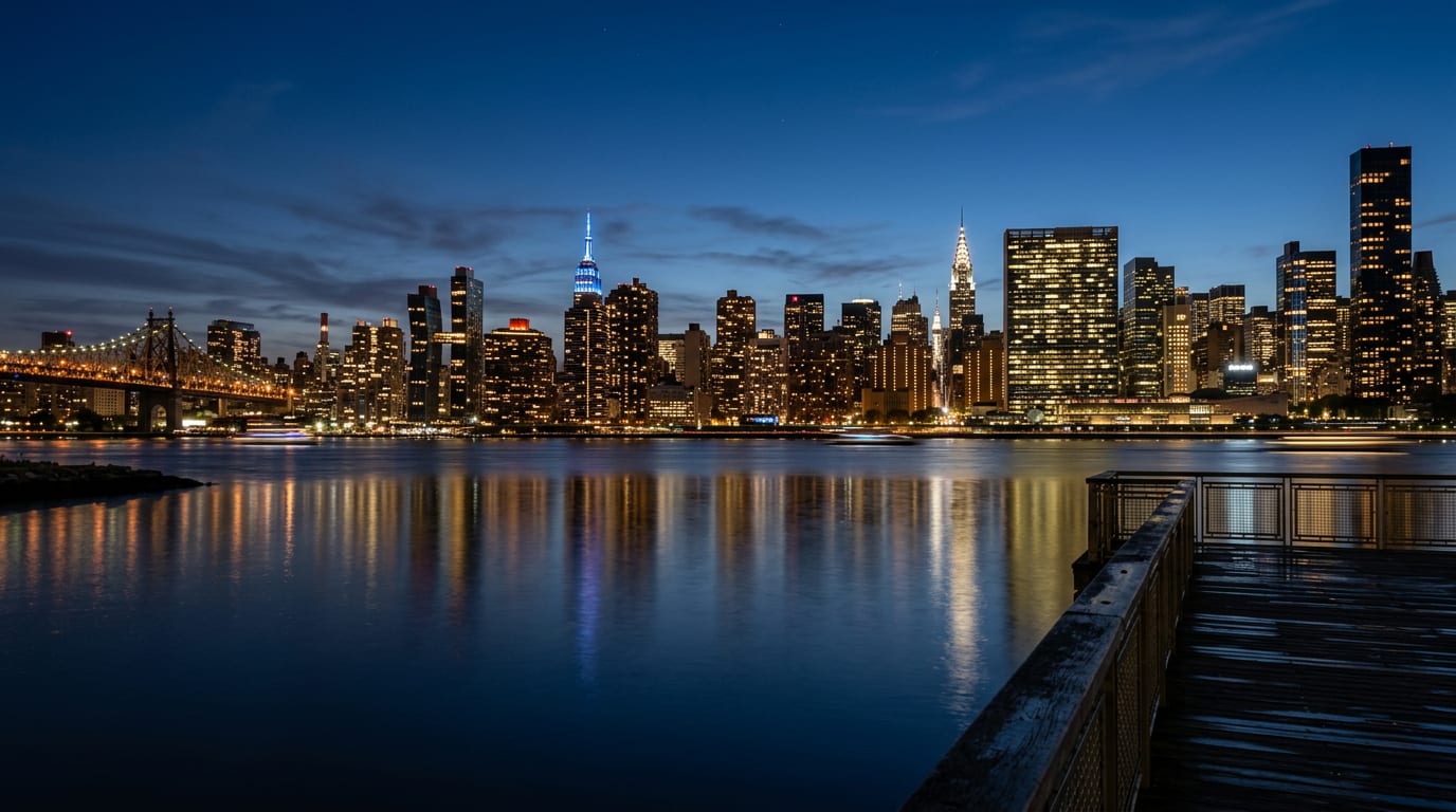 The Manhattan skyline lit at blue hour, reflected across the East River