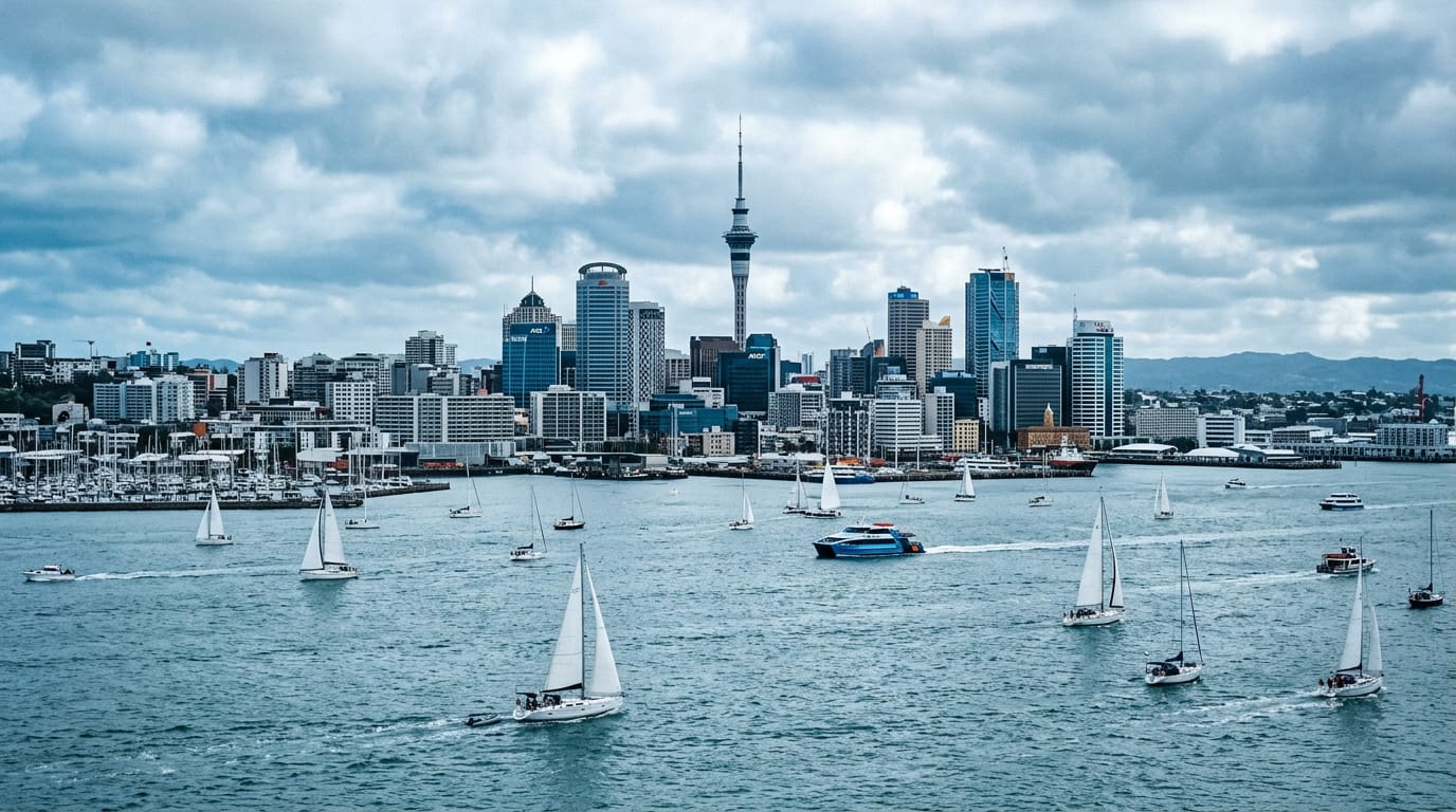 The Auckland city skyline and harbour seen from a high-rise office on a clear day