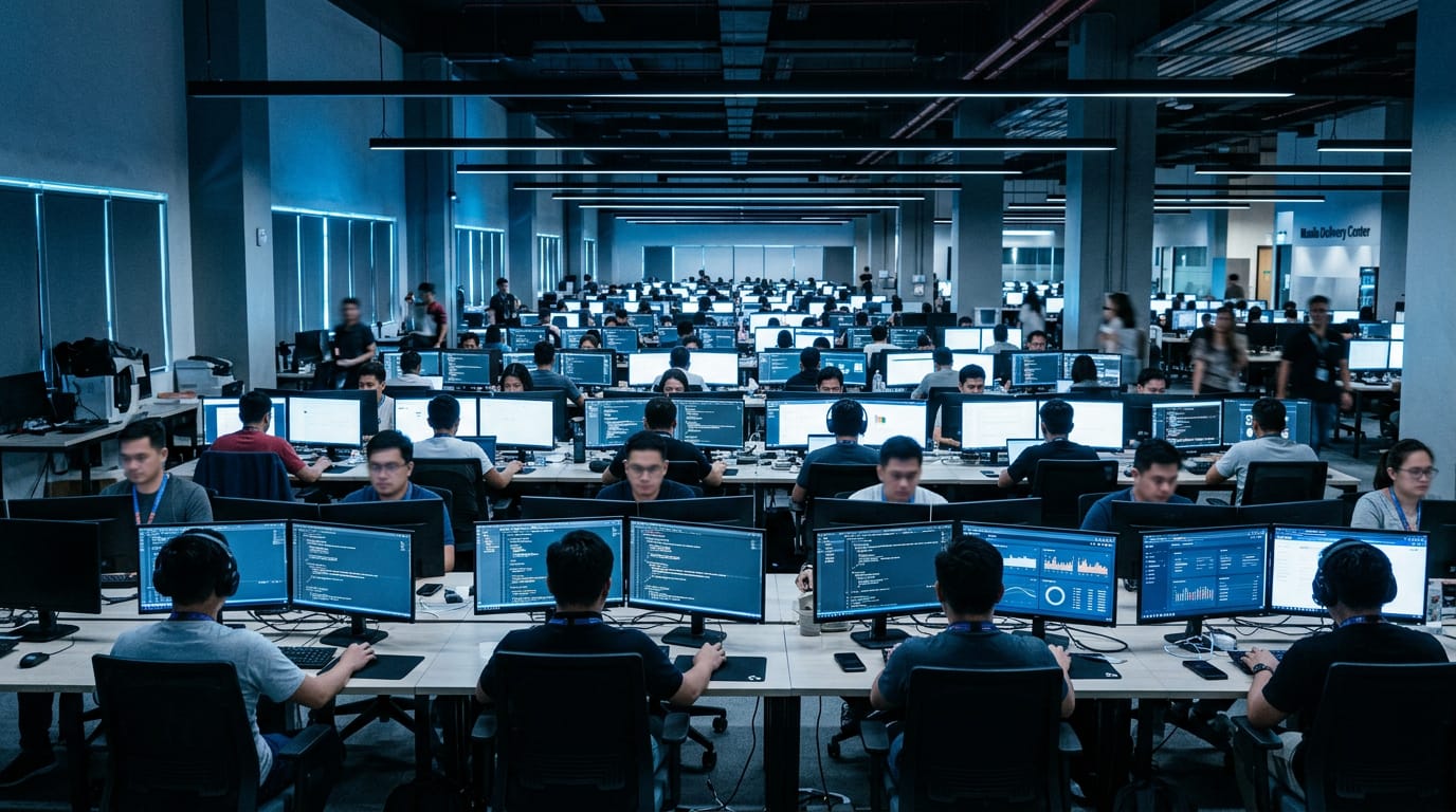 A delivery team collaborating around laptops and a large screen in a modern open-plan office