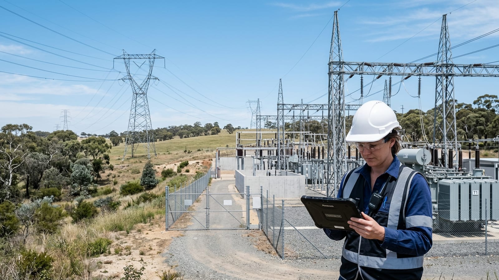 An engineer with a tablet beside an electricity substation and transmission towers in open countryside