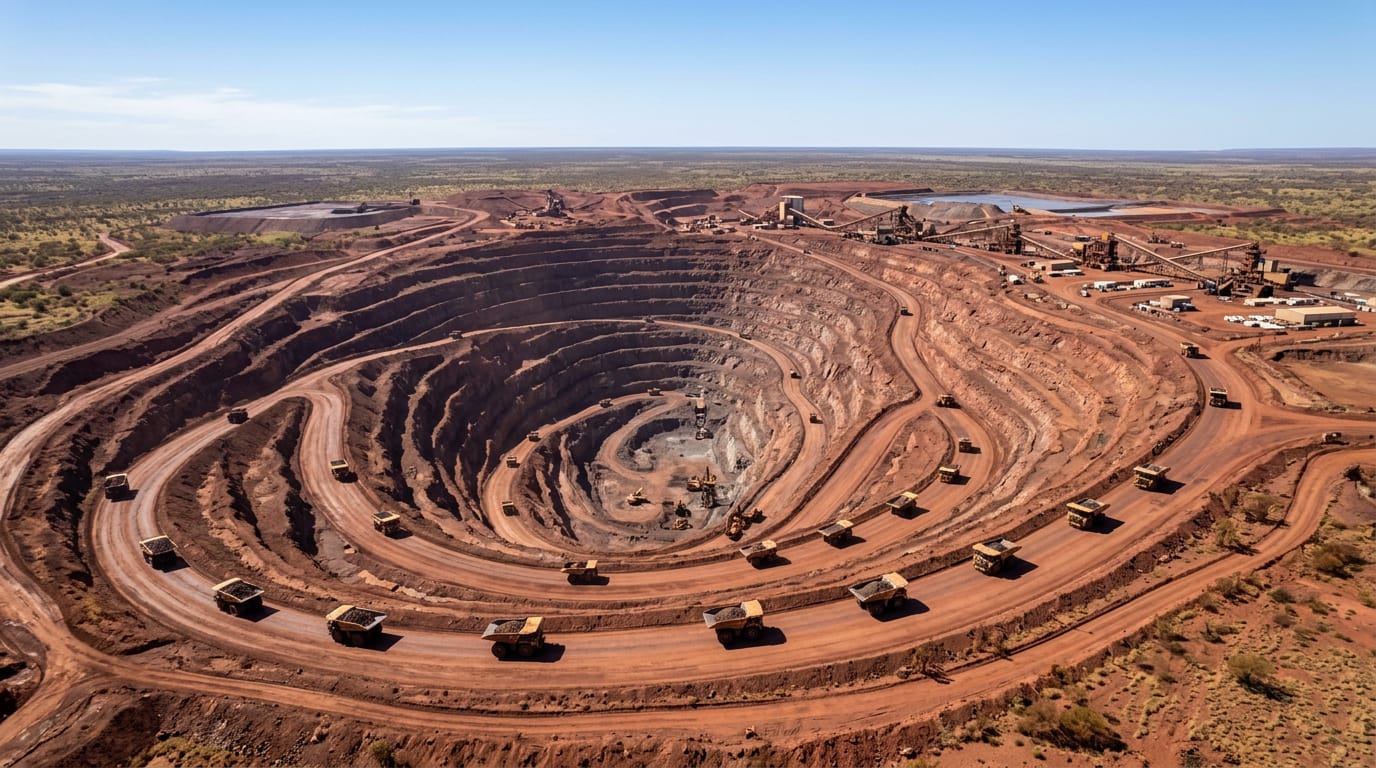 Haul trucks working an open-pit mine in red earth country under a clear blue sky