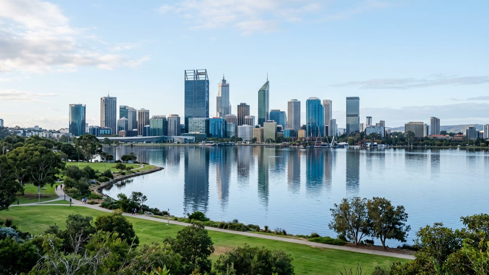 The Perth city skyline across the Swan River on a clear morning