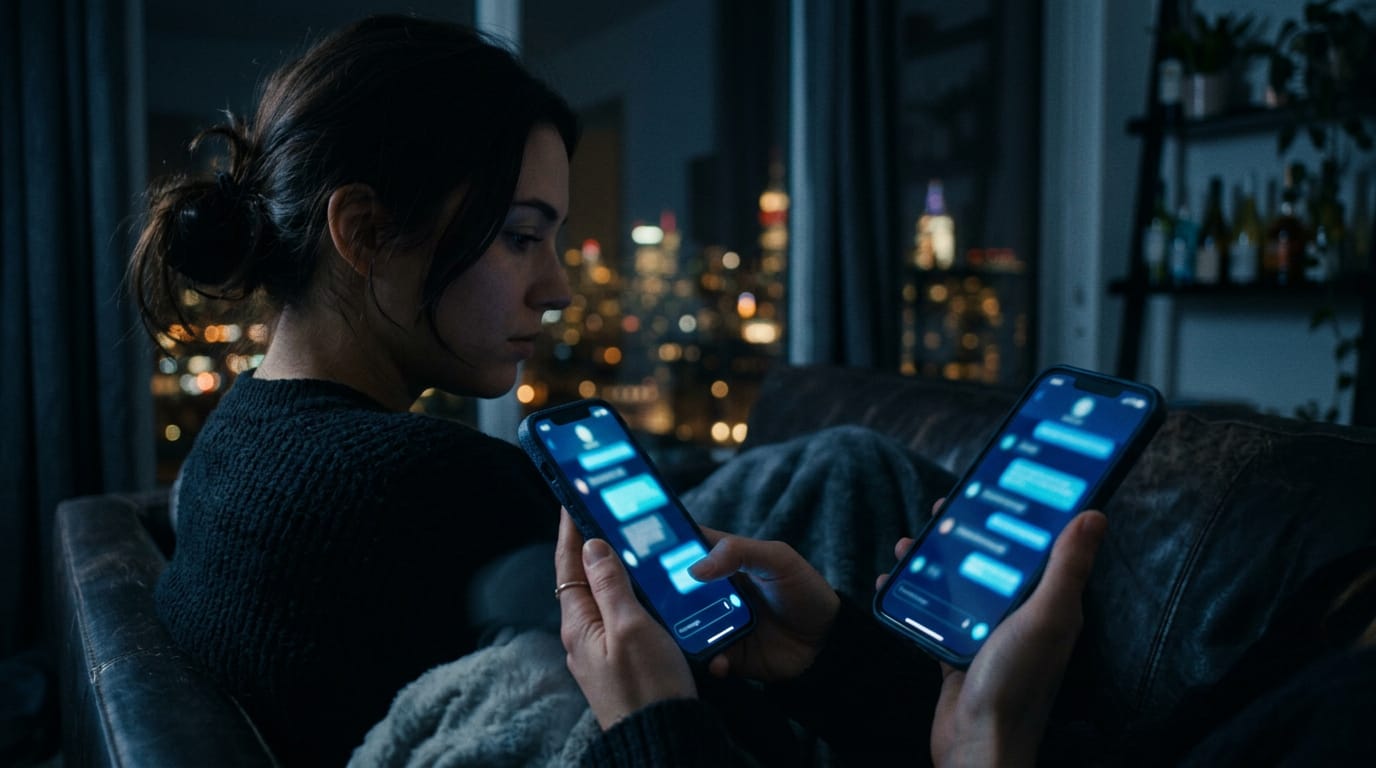 A woman on a sofa at night holds two phones showing glowing chat interfaces, a city skyline through the window behind her