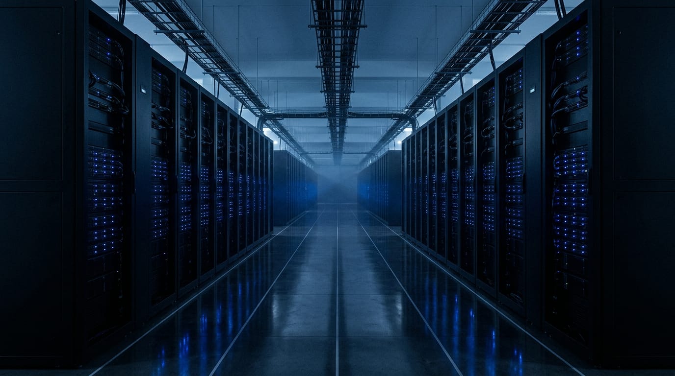A long data centre aisle lined with server racks lit in deep blue, receding to a vanishing point