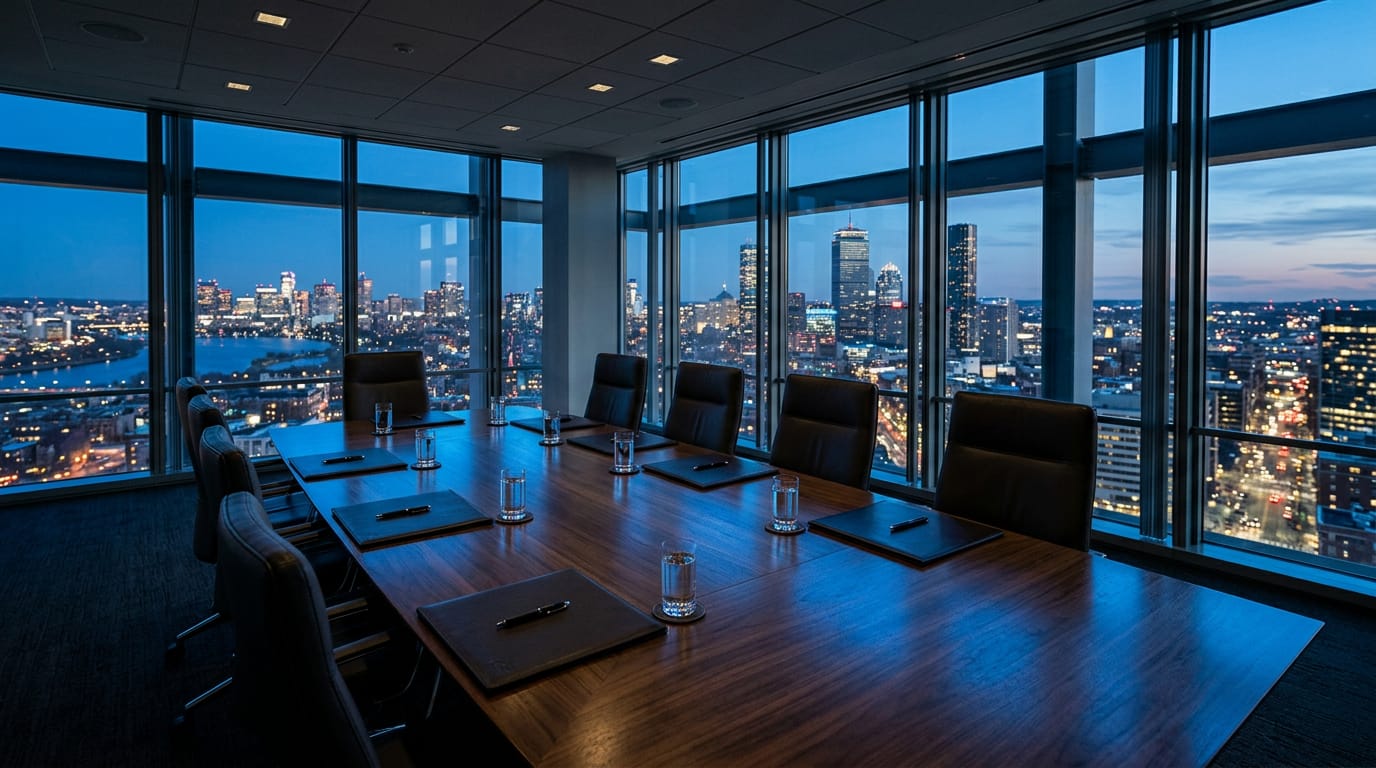 An empty glass-walled boardroom at night with leather chairs around a long table and a city skyline through the windows