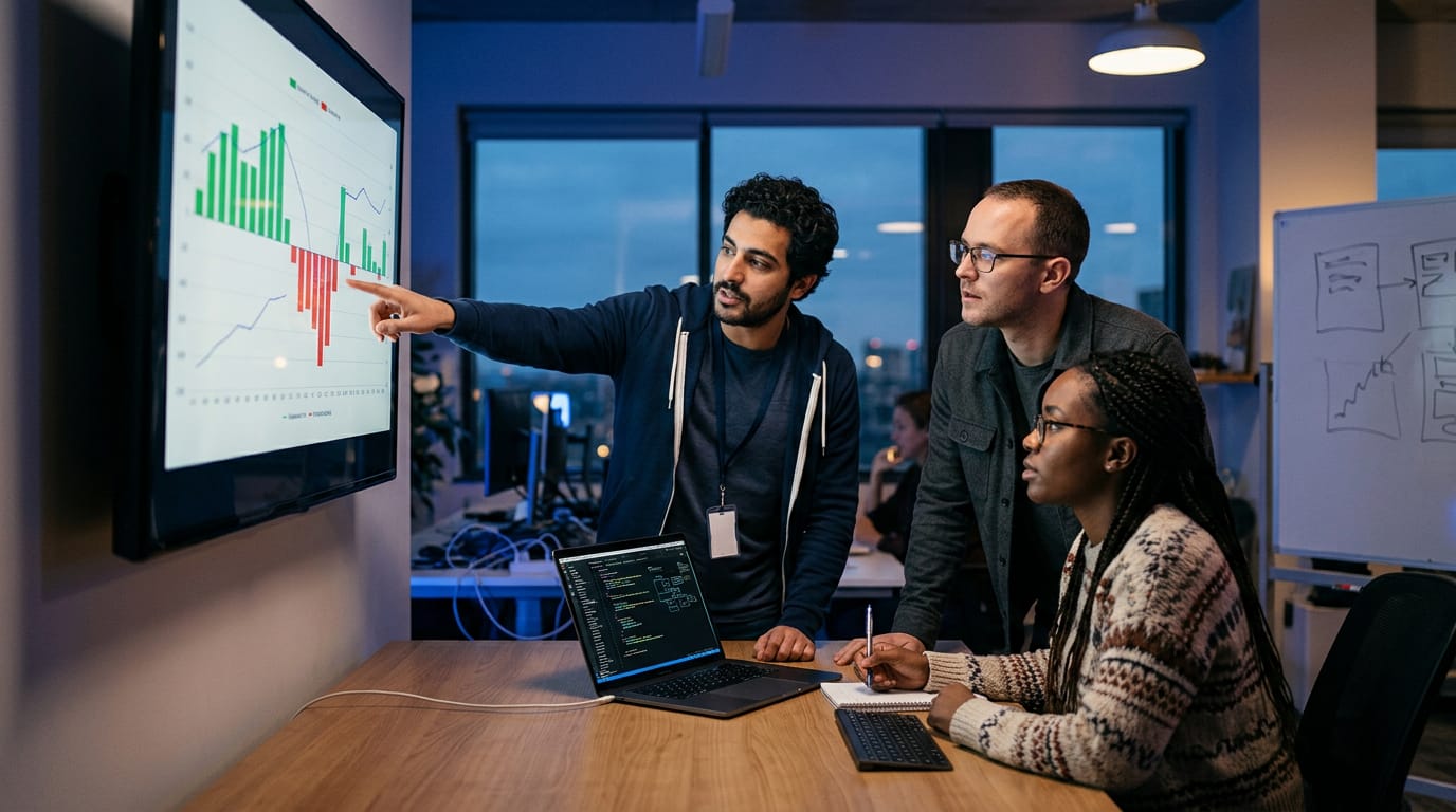 Three colleagues stand around a wall screen showing a bar chart, one pointing at it while the others hold a laptop and notes