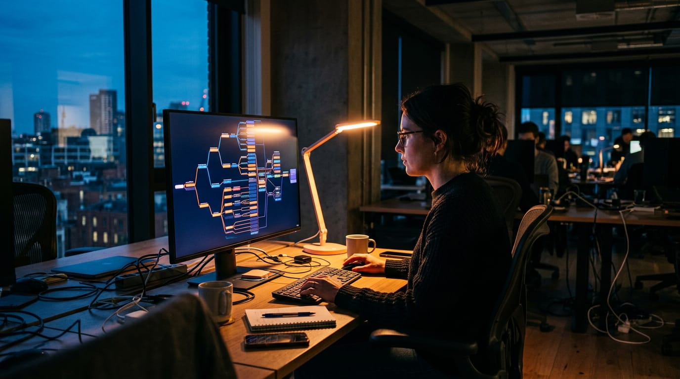 An engineer works late at a desk with a monitor showing a flow of connected nodes, a desk lamp glowing and a city skyline behind