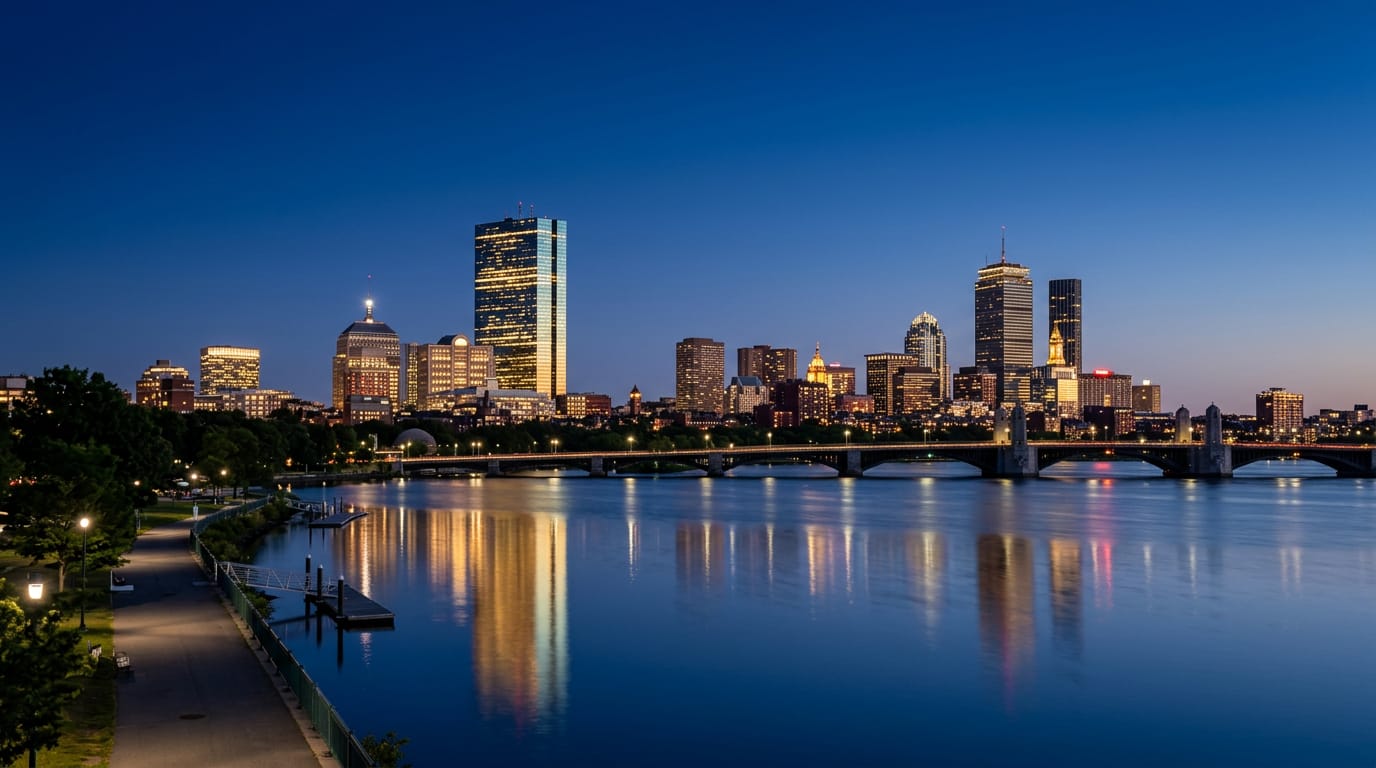 The Boston skyline reflected in the Charles River at blue hour, with lit towers under a deep navy sky