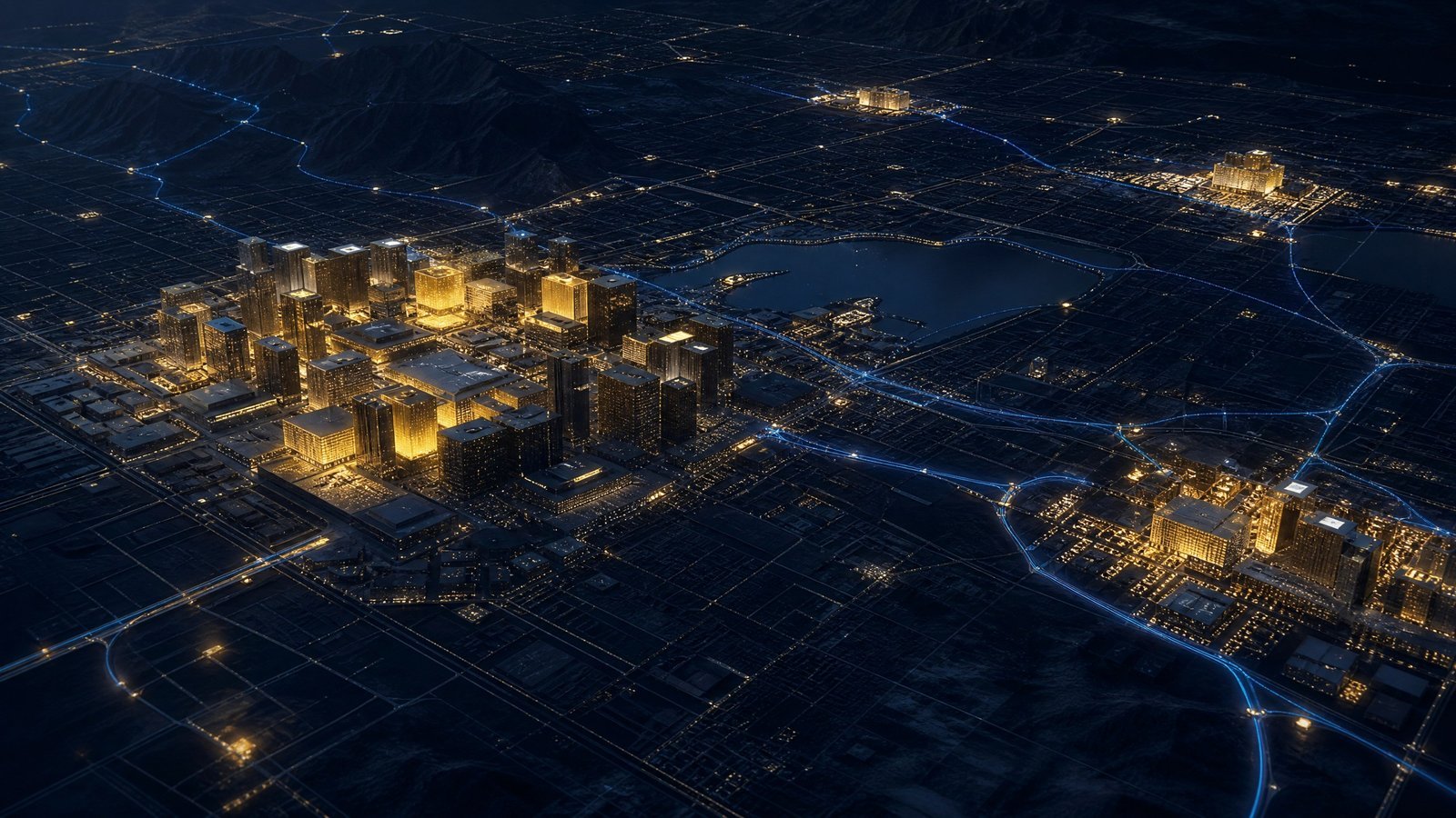 Abstract night-time city grid representing a connected gaming and hospitality market