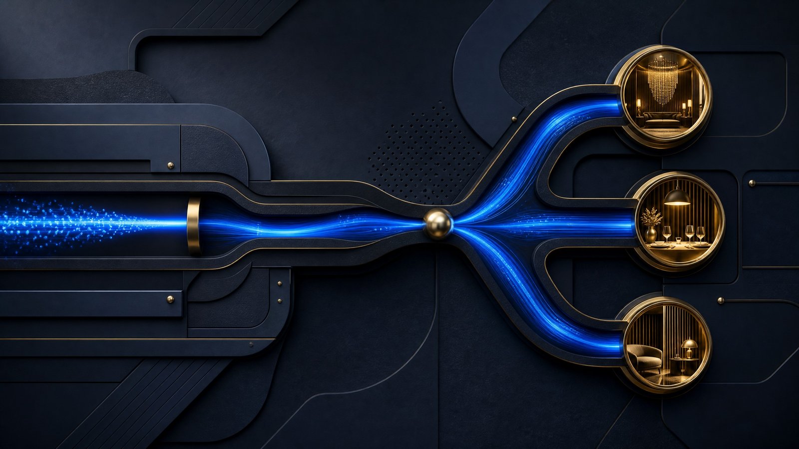 Abstract illustration of a loyalty signal connecting casino, hospitality and dining destinations