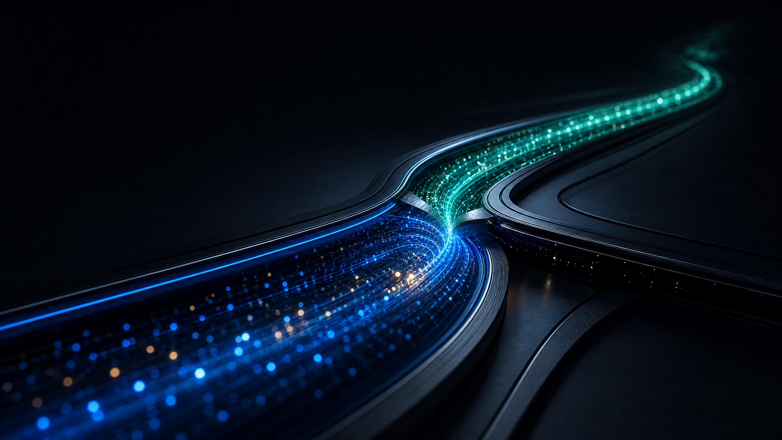 Abstract editorial visual of a continuous intelligent logistics route extending beyond a converged operating junction.