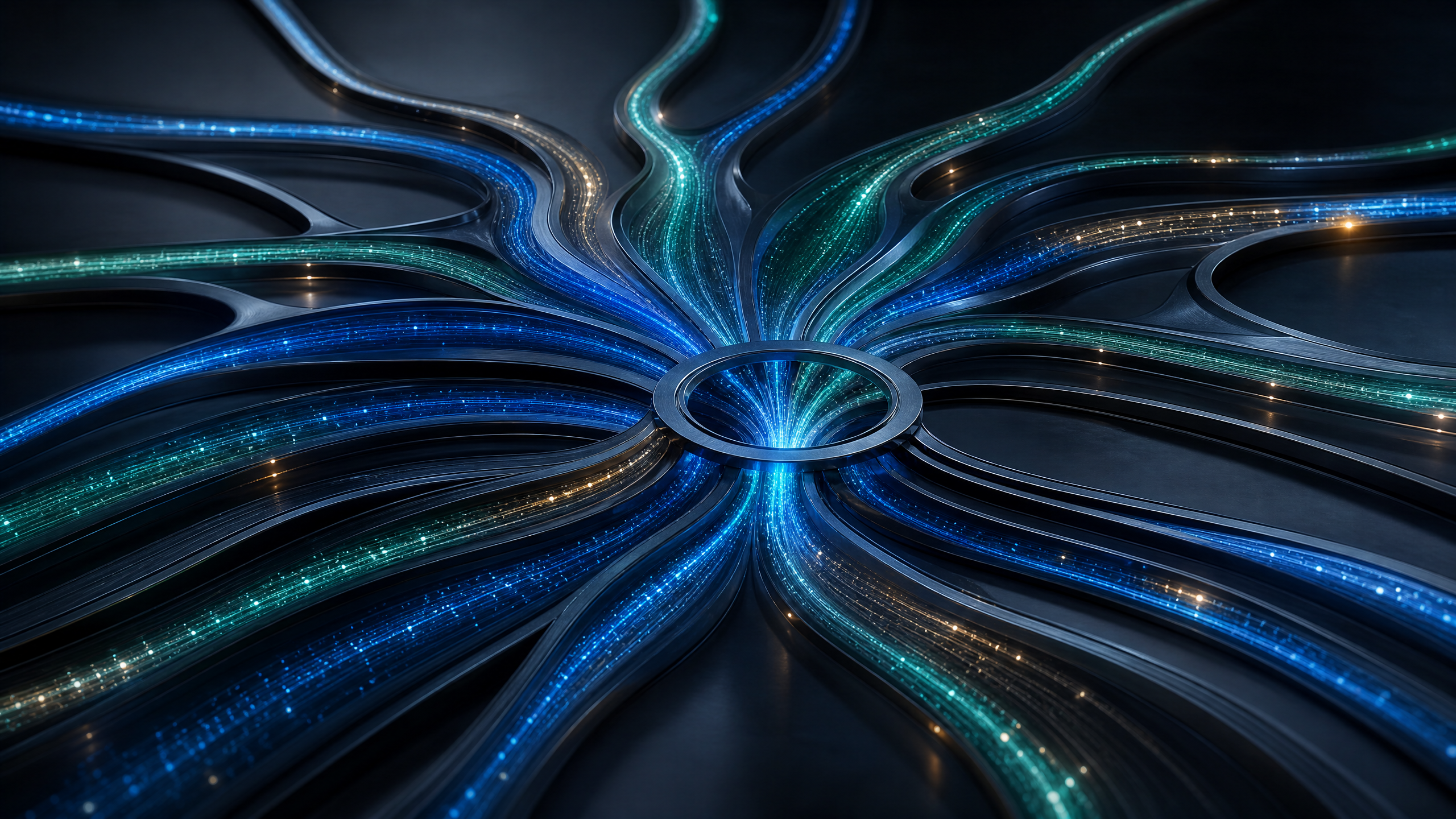 Abstract editorial visual of an intelligent logistics network distributing signals from a central operating hub.
