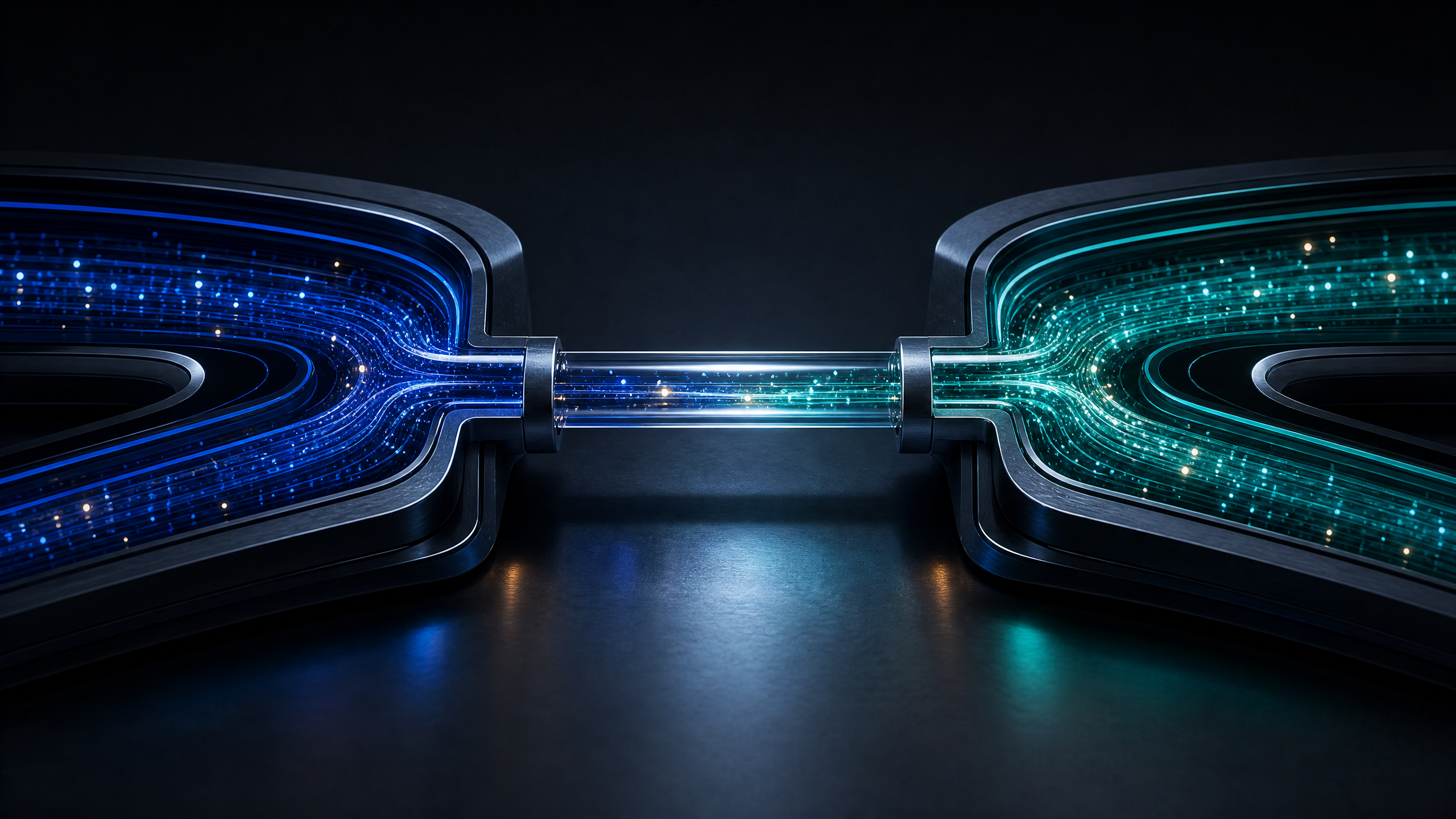 Abstract editorial visual of two distinct systems joined by a transparent data bridge.