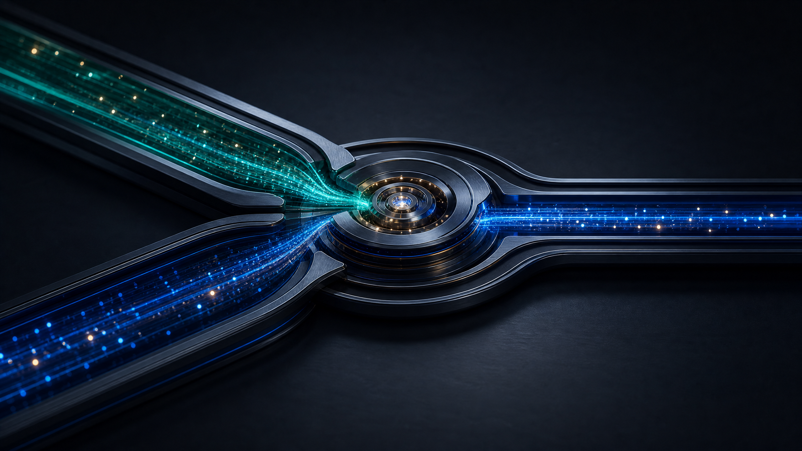 Abstract editorial visual of an intelligent decision engine connecting fleet and freight data flows.
