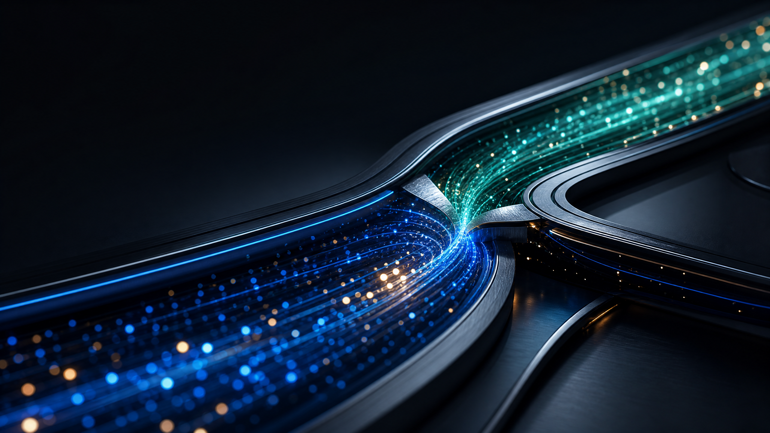 Abstract editorial visual of two intelligent logistics streams converging into a single operating junction.