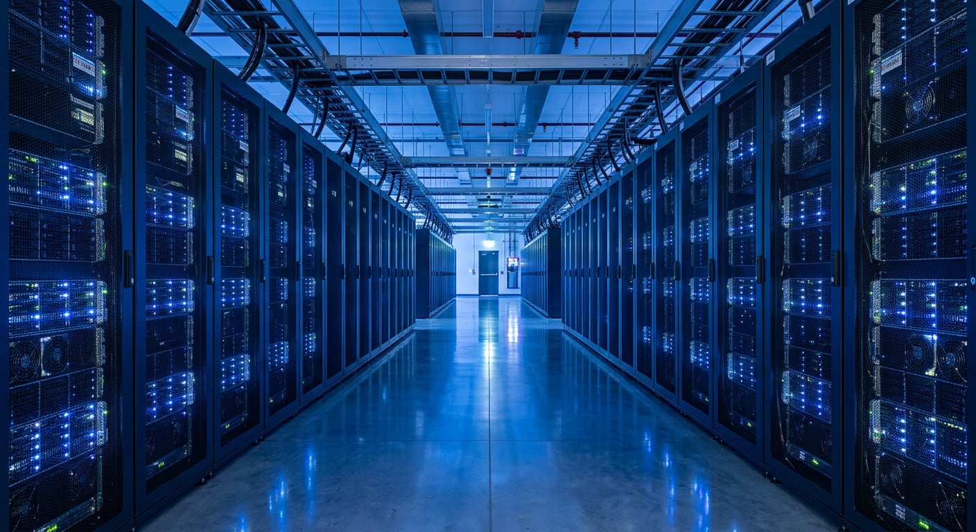 A long data centre aisle lined with servers showing small blue status lights