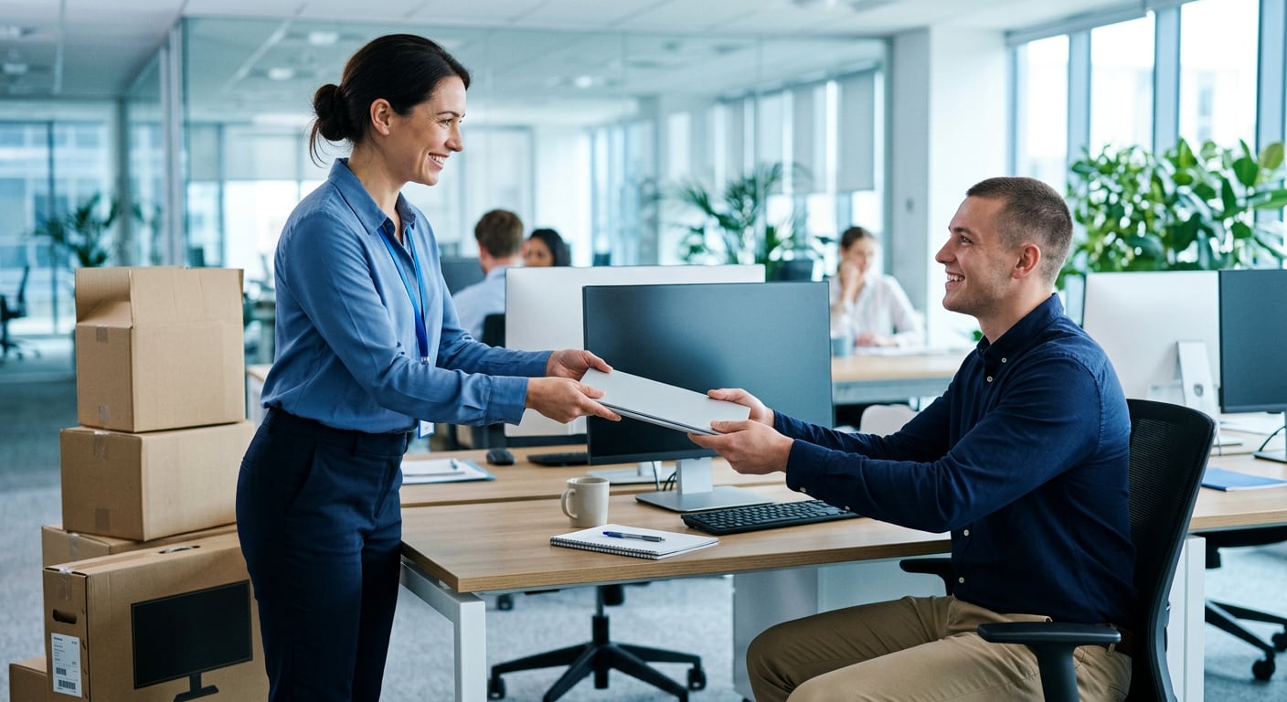 An IT technician handing a new laptop to a smiling new employee at a desk