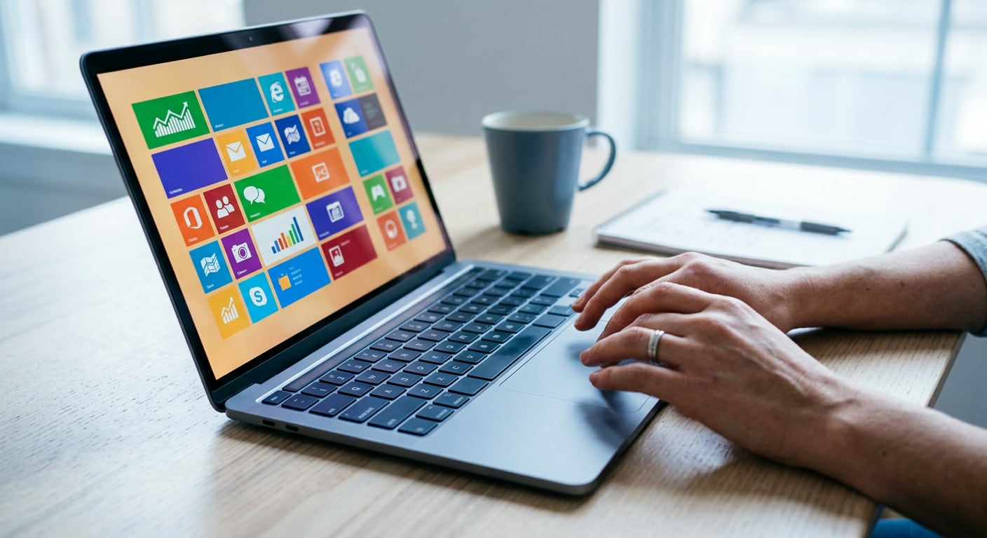 Close-up of a laptop screen filled with a grid of colourful application tiles