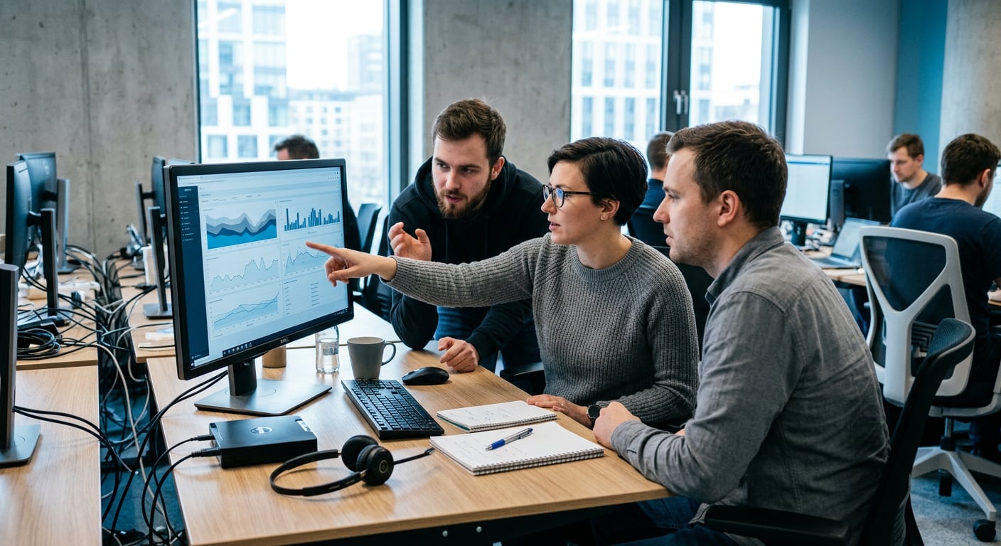 Three IT colleagues reviewing charts together on a large monitor in a bright office