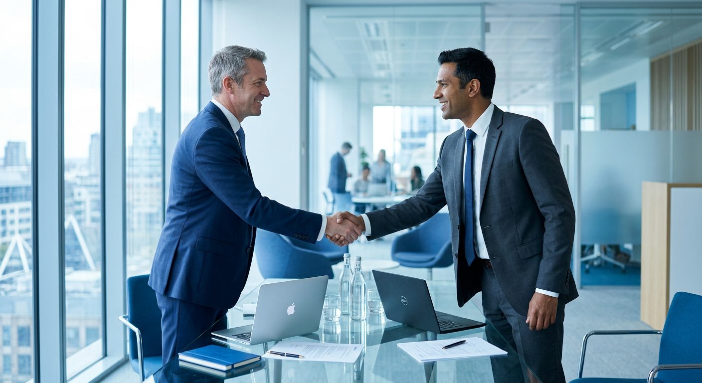 Two executives shaking hands across a glass meeting table with laptops and signed papers