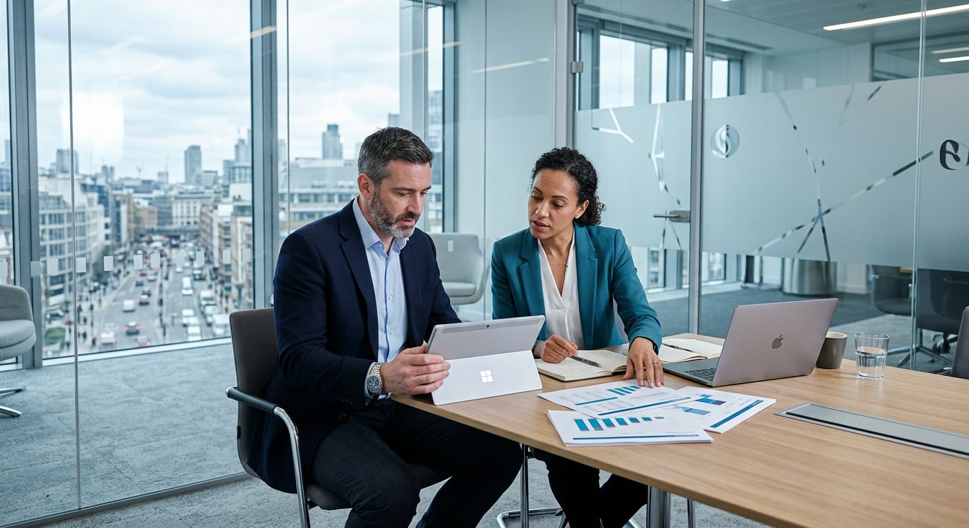 Two professionals in a glass-walled meeting room reviewing spending charts on a tablet