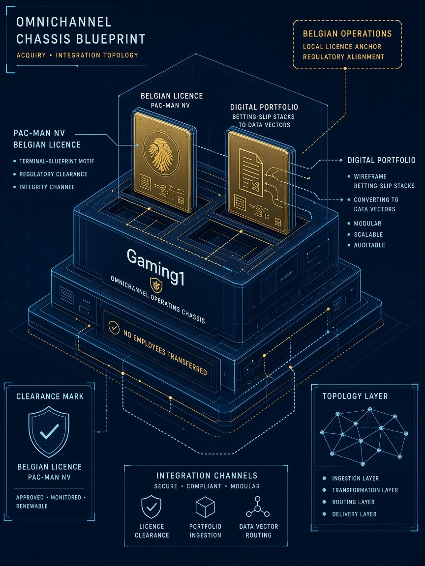 Vertical isometric docking diagram of Pac-Man NV Belgian licence plate and digital portfolio cartridges locking into Gaming1 omnichannel operating chassis