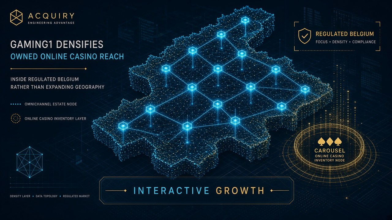 Isometric Belgium regulated-market density overlay showing Gaming1 land-based and online estate absorbing Carousel online casino inventory under one Interactive Growth plane