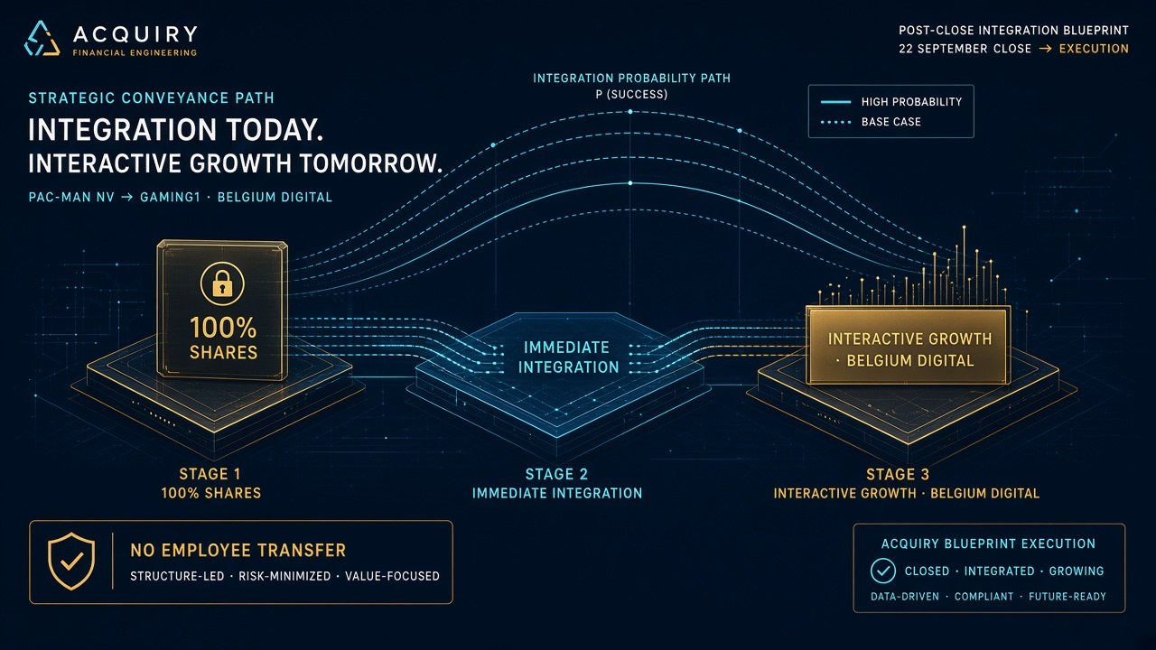 Isometric immediate integration path from 22 September share close through activity absorption with no employee transfer into Interactive Growth Belgian digital milestones
